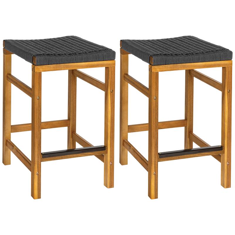 Armand Backless Acacia Wood Outdoor Stool with Woven Rope Seat, (Set of 2)