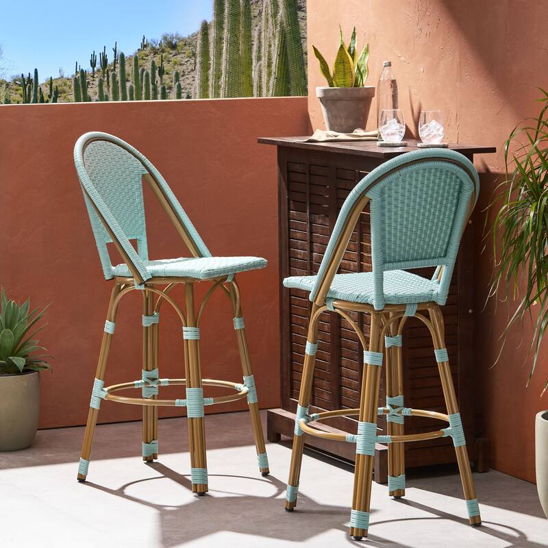 Roomfitters French Bistro Bar Stool Set of 2, 29.5'' Outdoor PE Rattan and Aluminum Counter Chairs with Footrest, Teal Blue