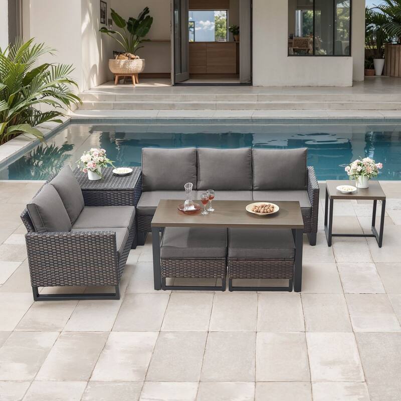 Gymojoy 5 Person All-Weather Wicker Outdoor Conversation Set Seating Group With Side Table And Ottomans - Brown Wicker / Gray Cusion - 7-Piece