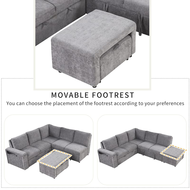 Grey 90.6'' L-Shaped 6-Seat Modular Sofa with Built-In Storage and USB Ports