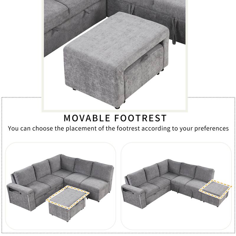Modern L-Shaped Sofa Bed with USB Charging, Hidden Storage, and Cup Holders