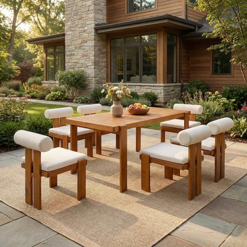 Christopher Knight Home - Ardena Modern Solid Wood Outdoor Dining Set with Round Back Cushioned Chairs - Beige - 7-Piece