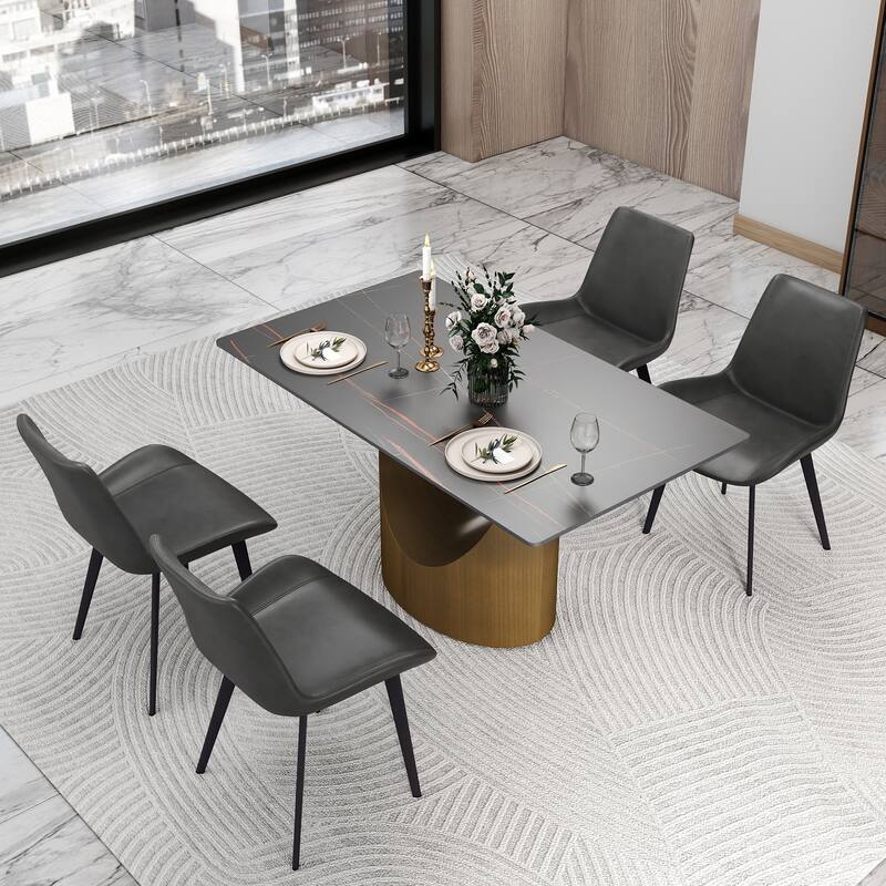 White 55 Inch Sintered Stone Kitchen Table with Solid Carbon Steel Base, Minimalist Sintered Stone Tabletop for Dining Room - Black