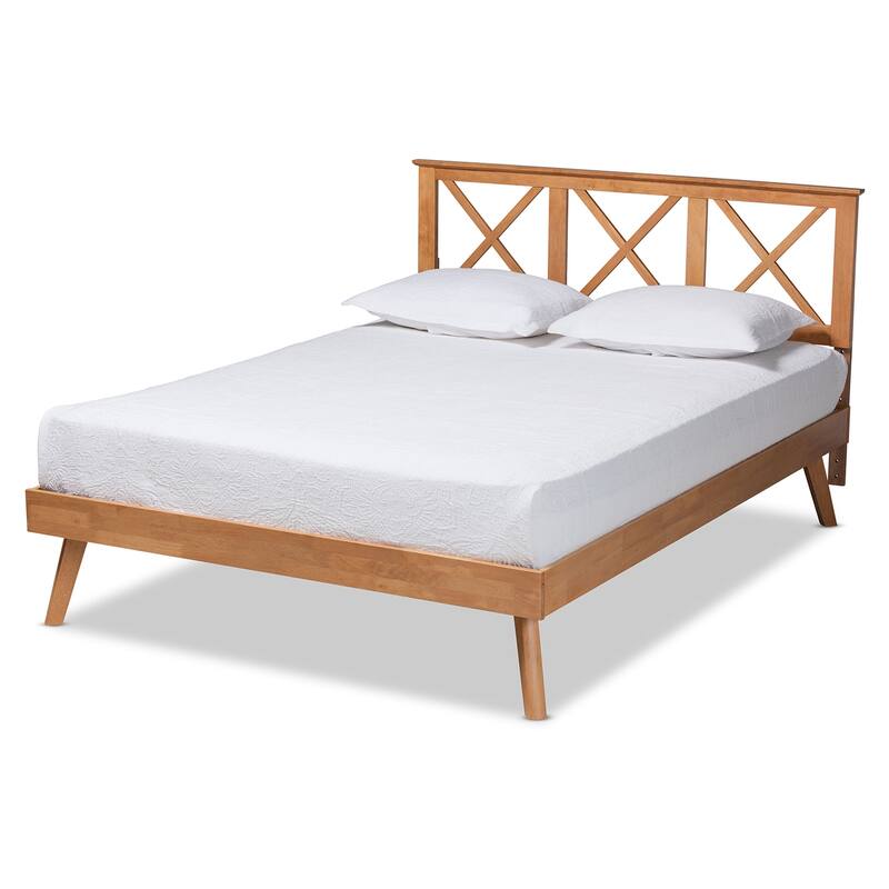 Full Size Platform Bed - Brown Wood Bed Frame with Crisscross Headboard - Modern Bedroom Furniture