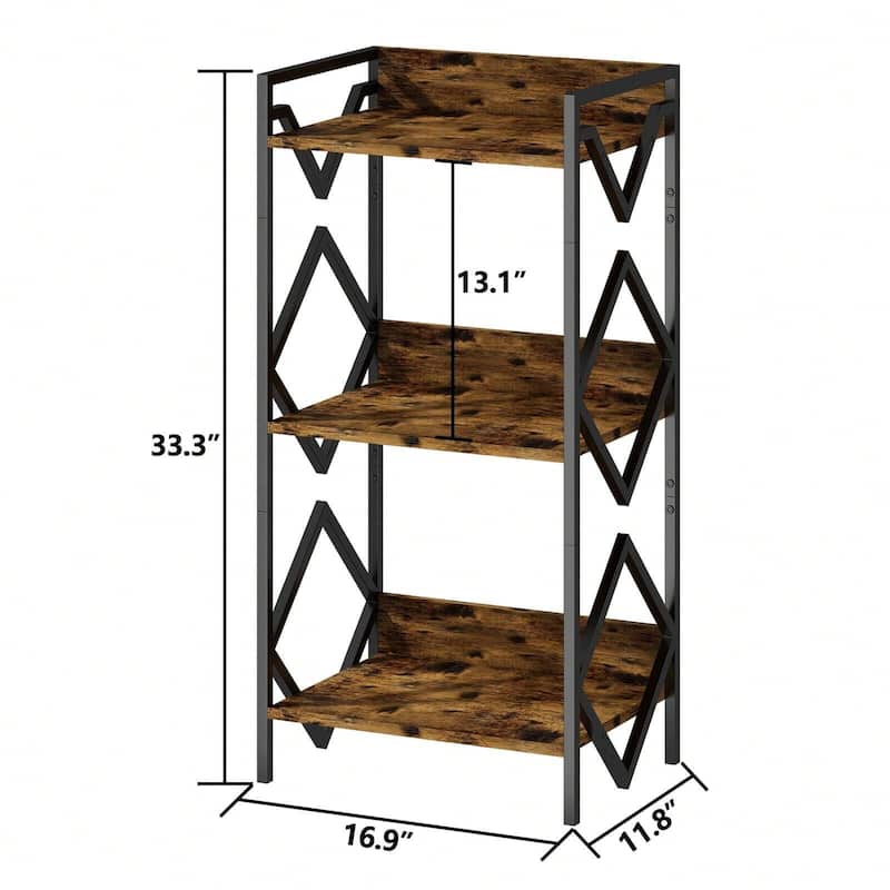 3 Tier Small Black Bookcase Wood and Steel Storage Shelf Space Saving Display Rack for Living Room Bedroom Office