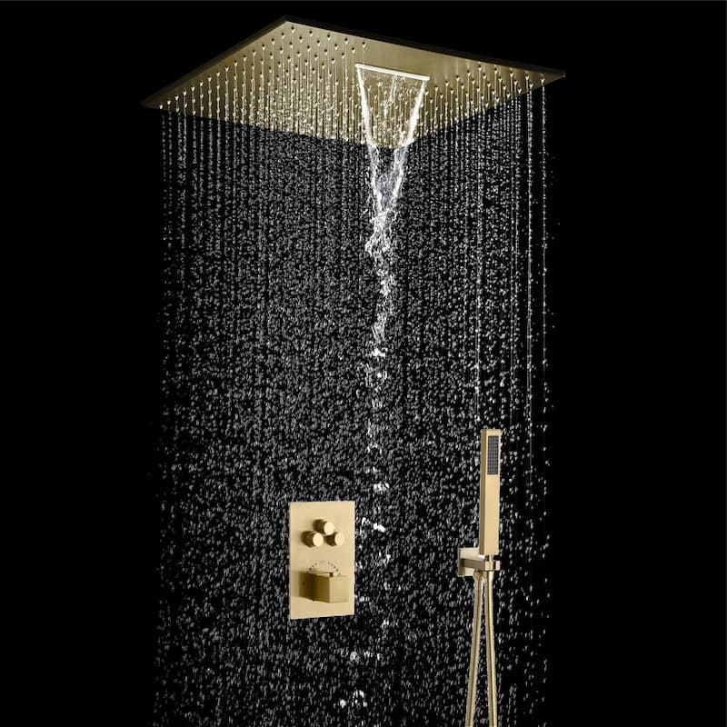 20inch ceiling mount rainfall waterfall shower systems 3 way thermostatic shower faucet - 7'6" x 10'9" - Gold