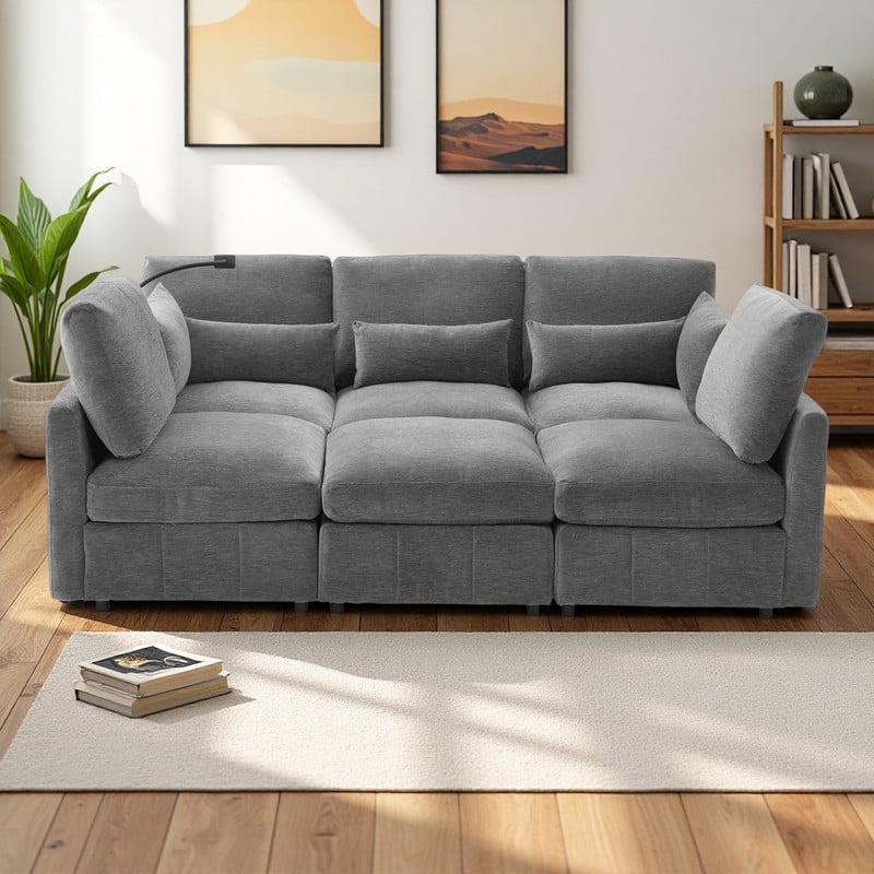 85.4" Chenille U-Shaped Sectional Sofa with Ottoman, USB Ports and Phone Holder, 5-Seat L-Shaped Convertible Couch Bed - Grey
