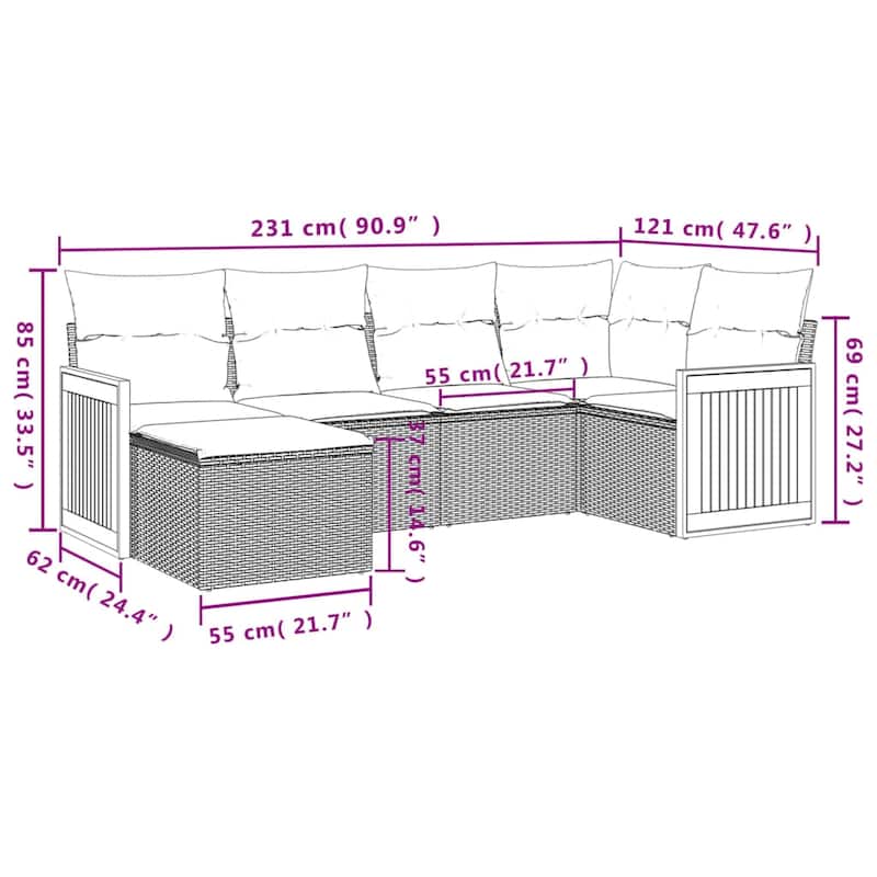 vidaXL 6 Piece Patio Sofa Set with Cushions Black Poly Rattan