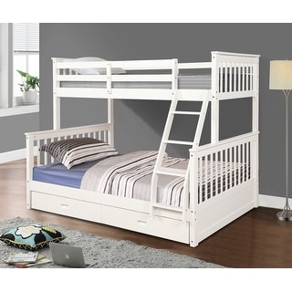 White Twin over Full Wood Bunk Bed with Storage Drawers and Ladder