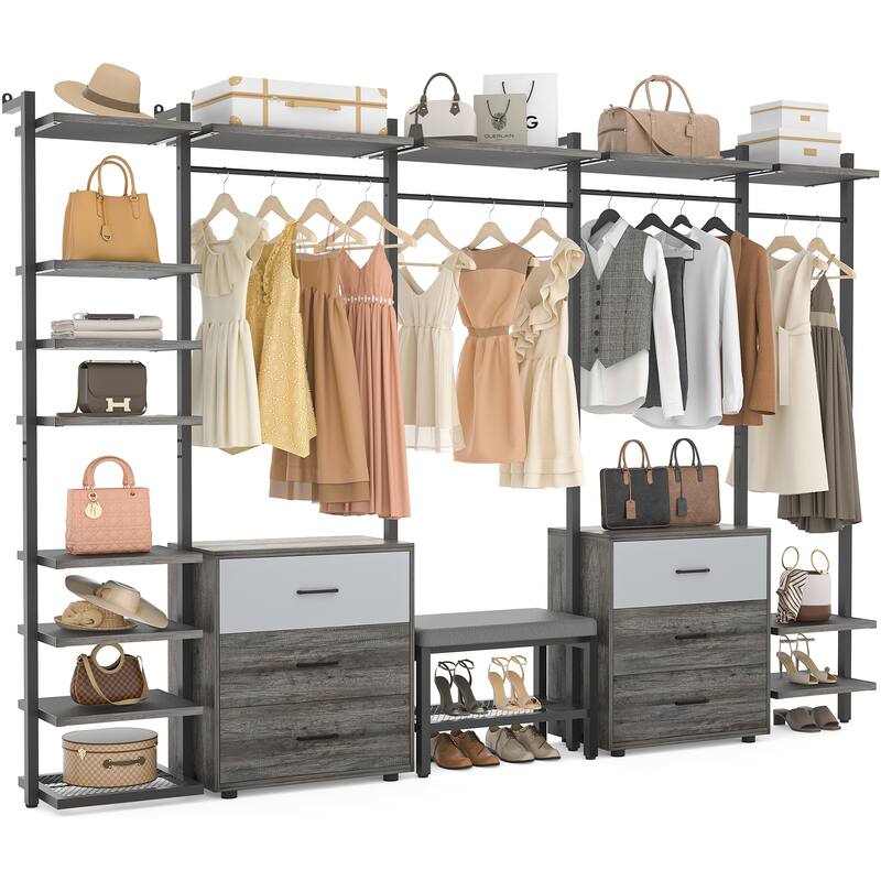 96'' Closet Organizer System with 6 Drawers, Clothing Rack Wardrobe Closet Garment Rack for Walk In Closets