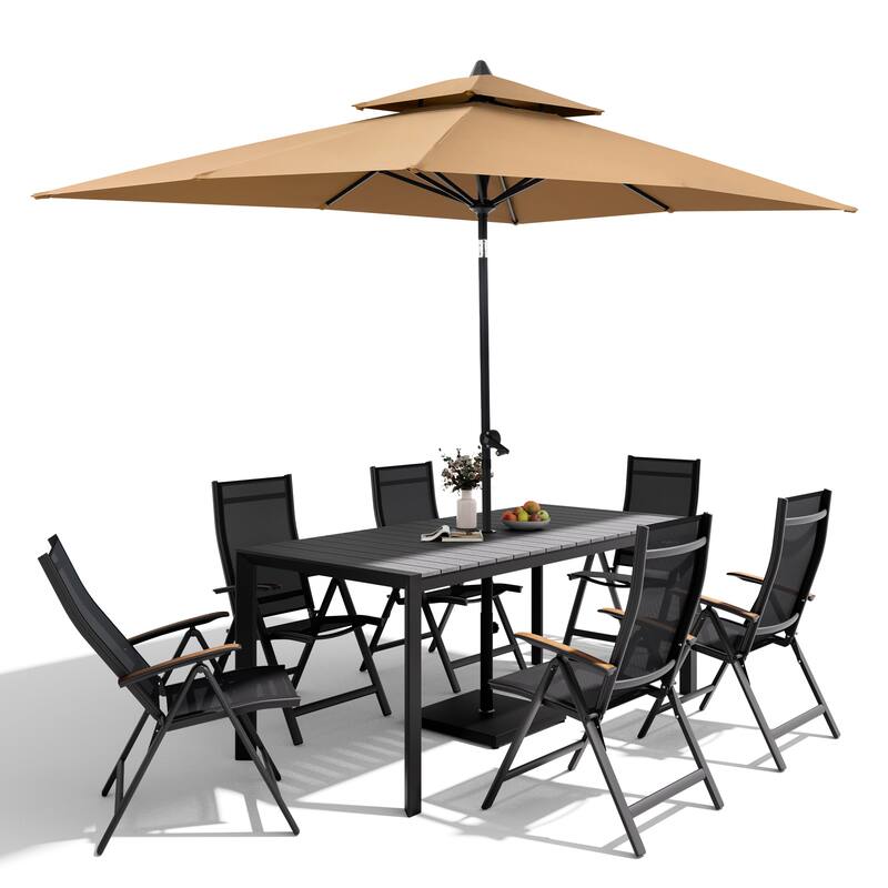 9-Piece Outdoor Patio Dining Set Wood Like Aluminum Umbrella Hole Table with Folding Chairs, Market Umbrella and Base