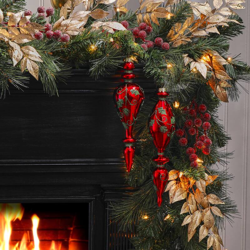 9-10" Glass Holly Finial Ornament Set of 2