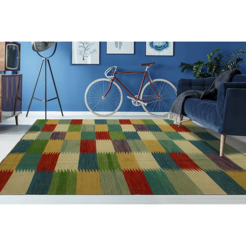 Hand-Woven Winchester Kilim Avizeh Beige/Blue Rug - 8'4" x 9'10"