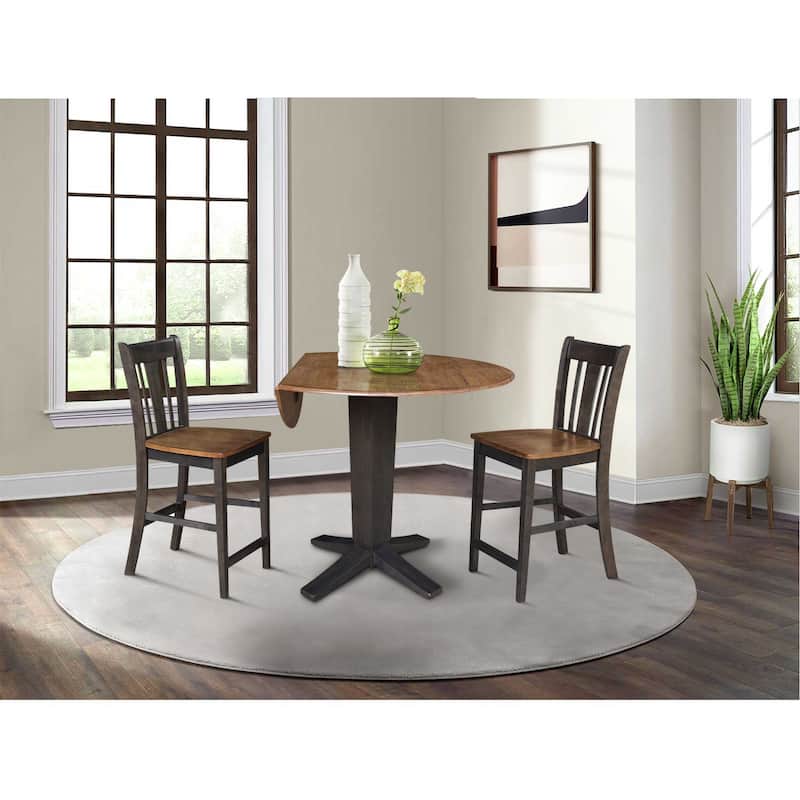 42 in Solid Wood Round Drop Leaf Counter Height Dining Table with Stools in Hickory/Washed Coal