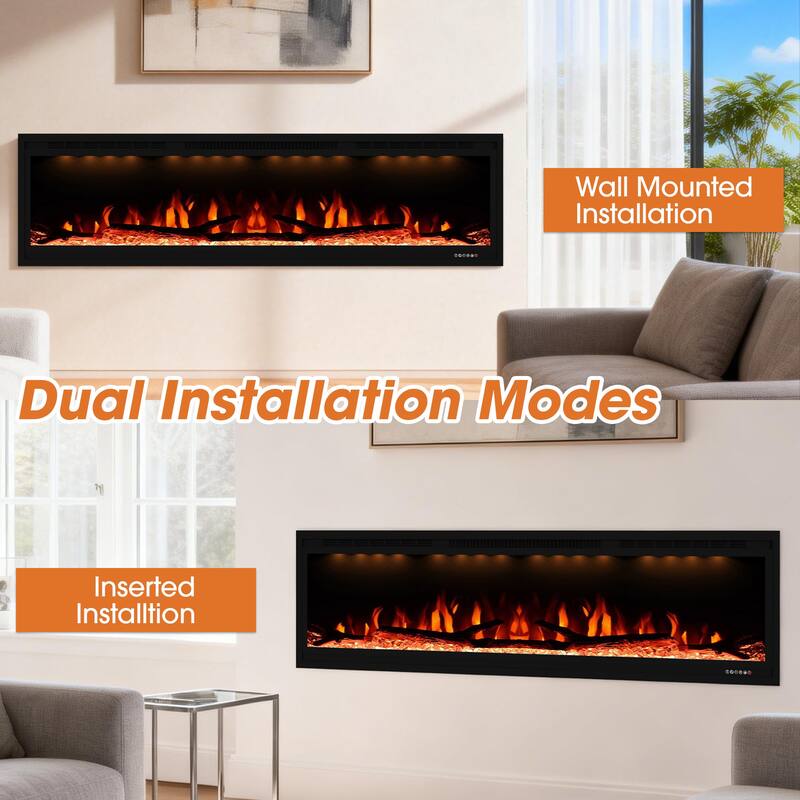 72" 1500W Inserted Wall Mounted Modern Linear Smart Electric Fireplace Heater with APP Control and Remote