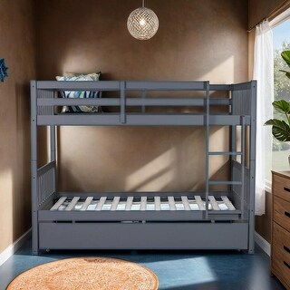 Full Over Full Rubber Wood Bunk Bed with Twin Size Trundle, Dark Grey