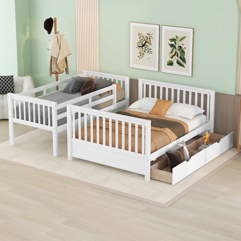 Twin Over Full Bunk Bed with 2 Storage Drawers, Convert into Two Separate Beds, Solid Wood Frame, Ideal for Small Spaces