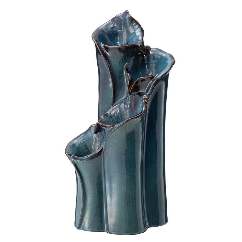 Glitzhome 31.75"H 4-Tier LED Vase-Shaped Ceramic Outdoor Floor Fountain with Birds/ Lotus