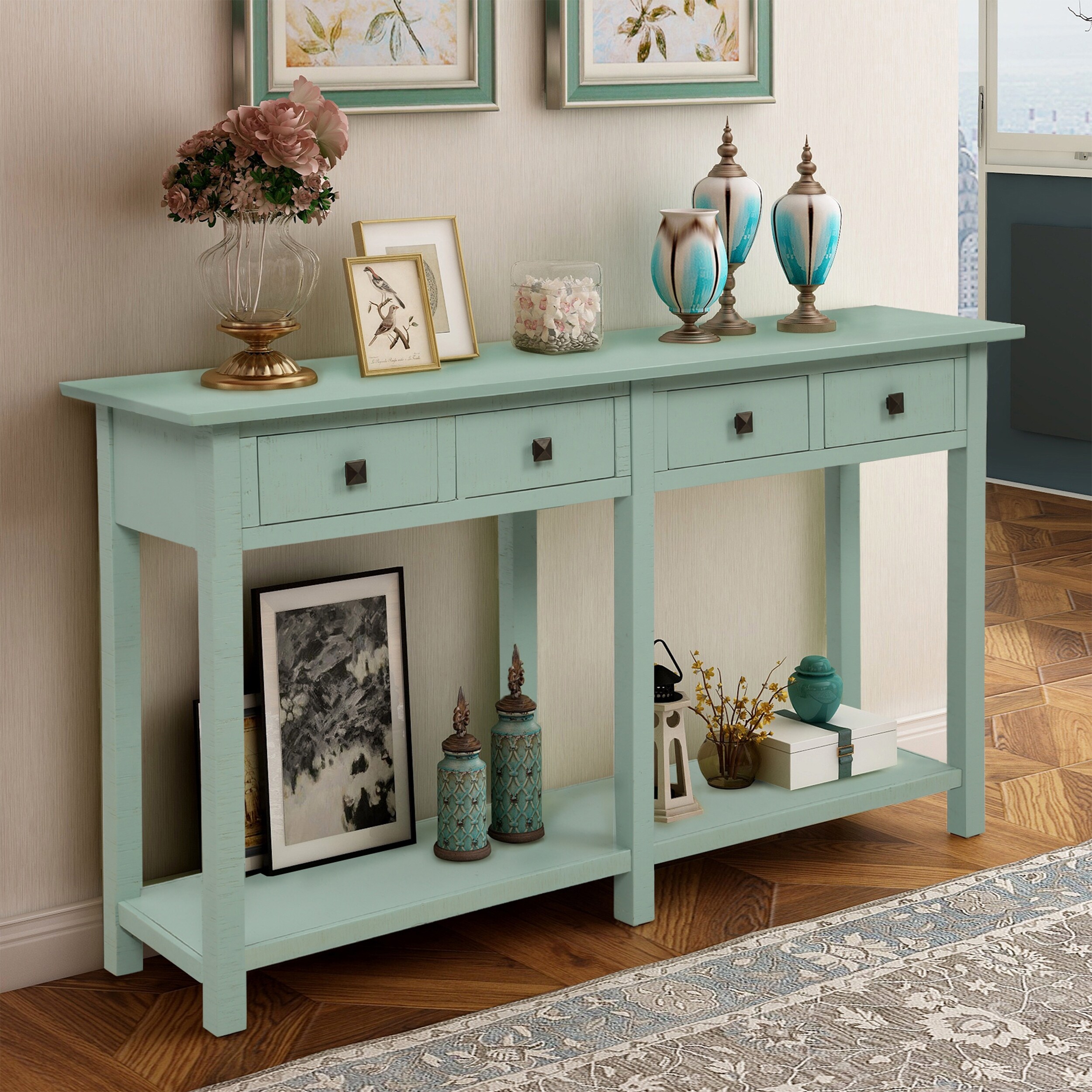 Treyton Rustic Table Console with Four Drawers (Tiffany Blue) - 59"L x 15.2"W x 33"H