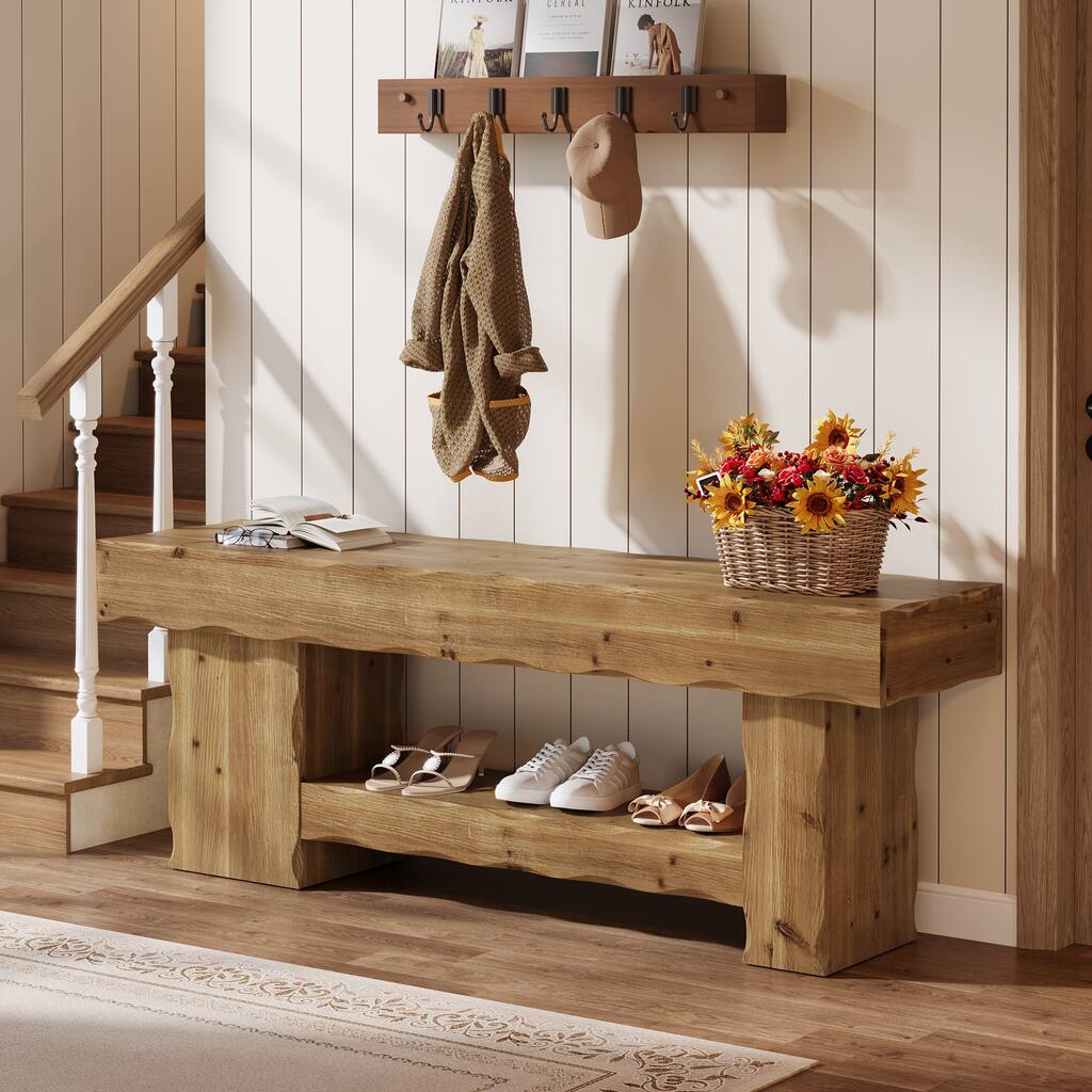 63 Inch Solid Wood Shoe Bench for Entryway, Kitchen Dining Room Bench, Farmhouse Style - 62.99" L x 15.74" W x 23.62" H
