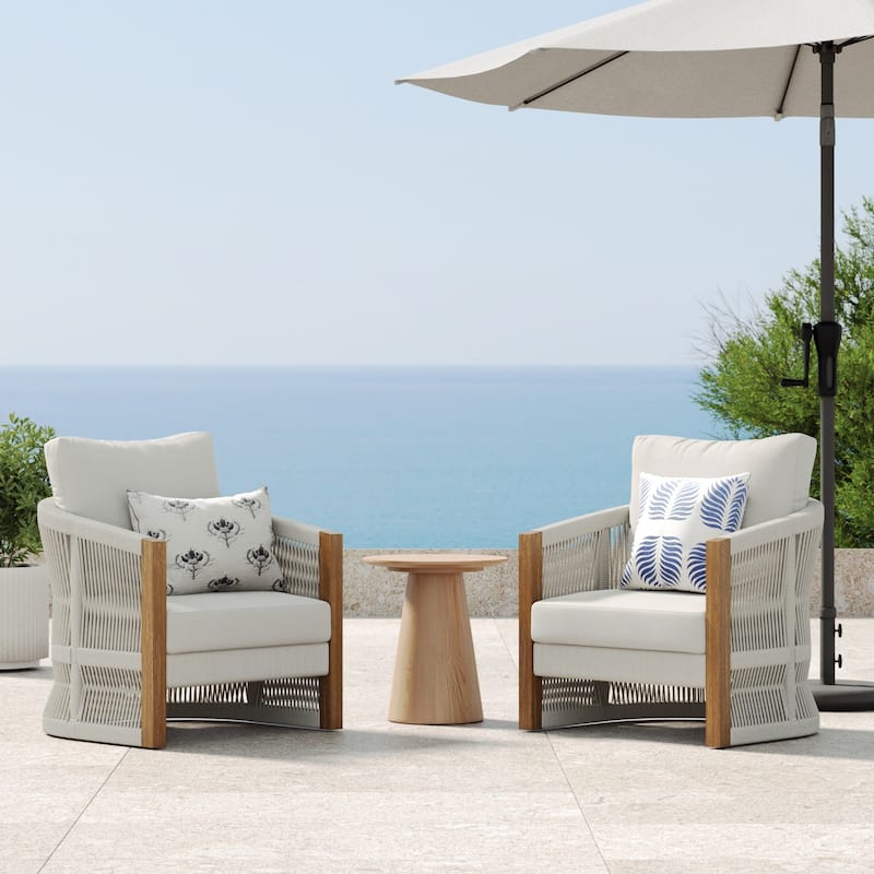 Jagger Farmhouse Patio Seating with Solid Acacia Wood Frame, Cushions, and Rope Accent