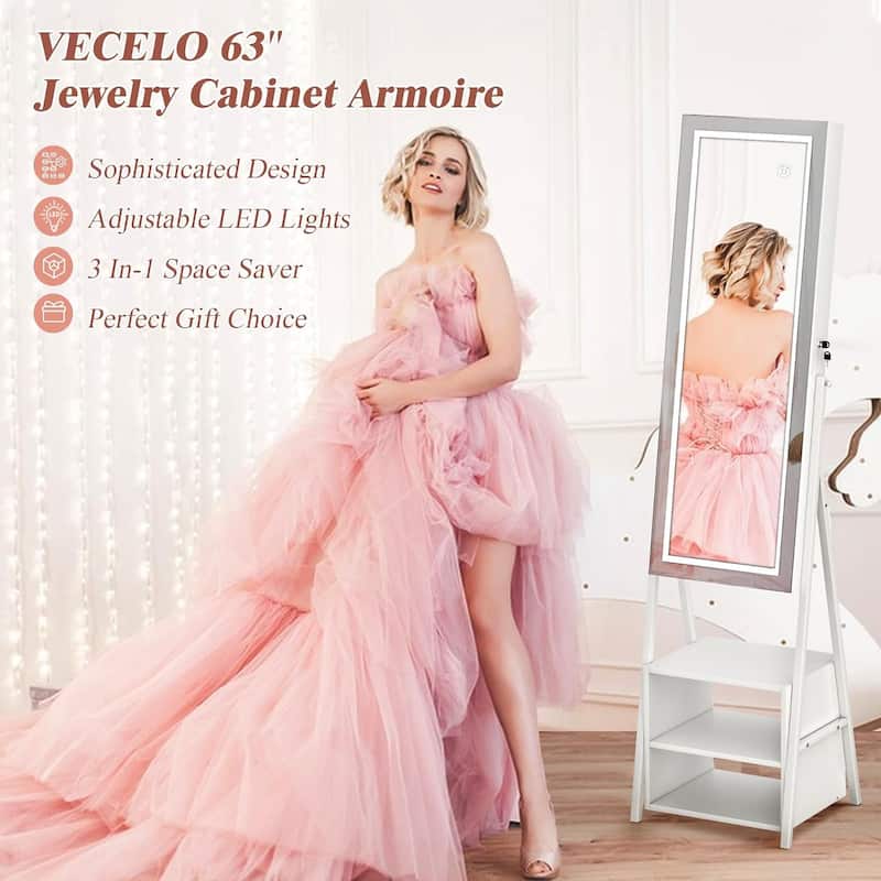 VECELO Standing Jewelry Cabinet Armoire with Adjustable LED Lights and Multi-functional Storage Shelf Drawers