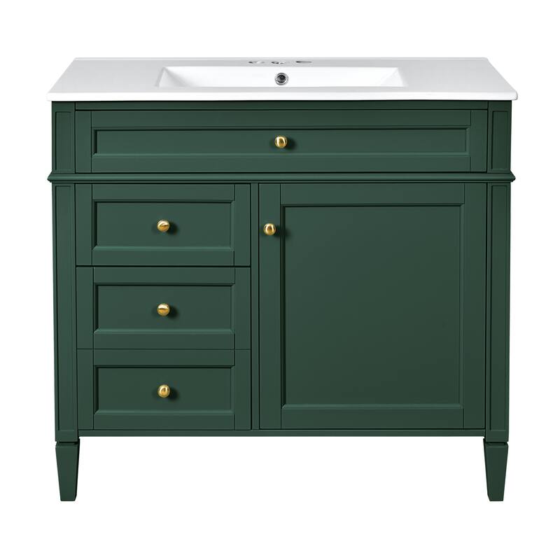 Modern Single Sink Bathroom Vanity Cabinet with Door Rack, Tip-out Drawer, 2 Pull-out Drawers, Metal Knobs and Adjustable Shelf