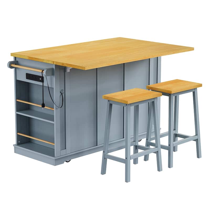 53″ Kitchen Island Cart with Power Outlet and Two Bar Stools