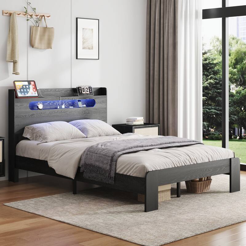 King Platform Bed with Storage Headboard & Charging Station