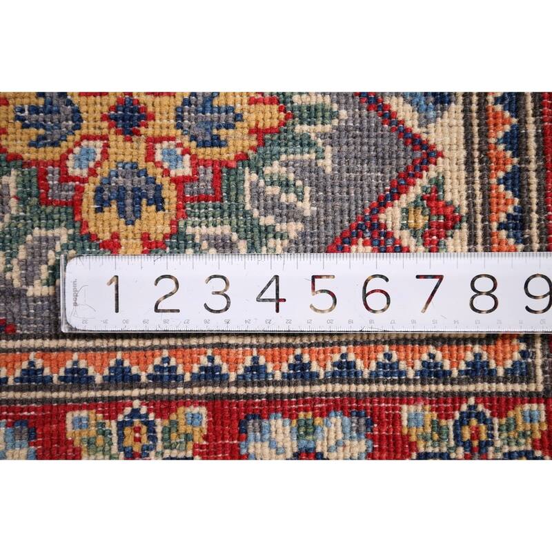 Geometric Kazak Accent Rug Handmade Grey Wool Carpet - 2'1" x 2'11"