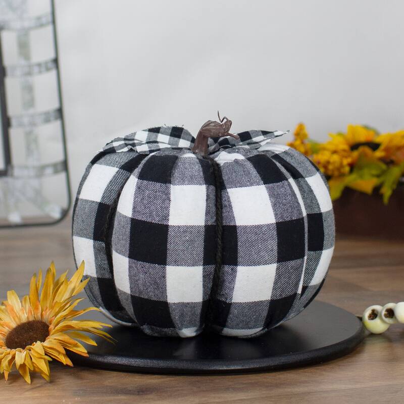 Buffalo Plaid Fall Harvest Pumpkin - 7" - Black and White