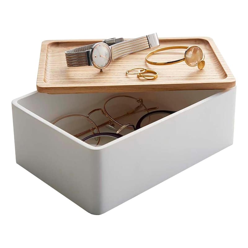 Yamazaki Home Accessory Box, Polystone, Lid - L 4.92 x W 7.28 x H 2.76 inches - Ash