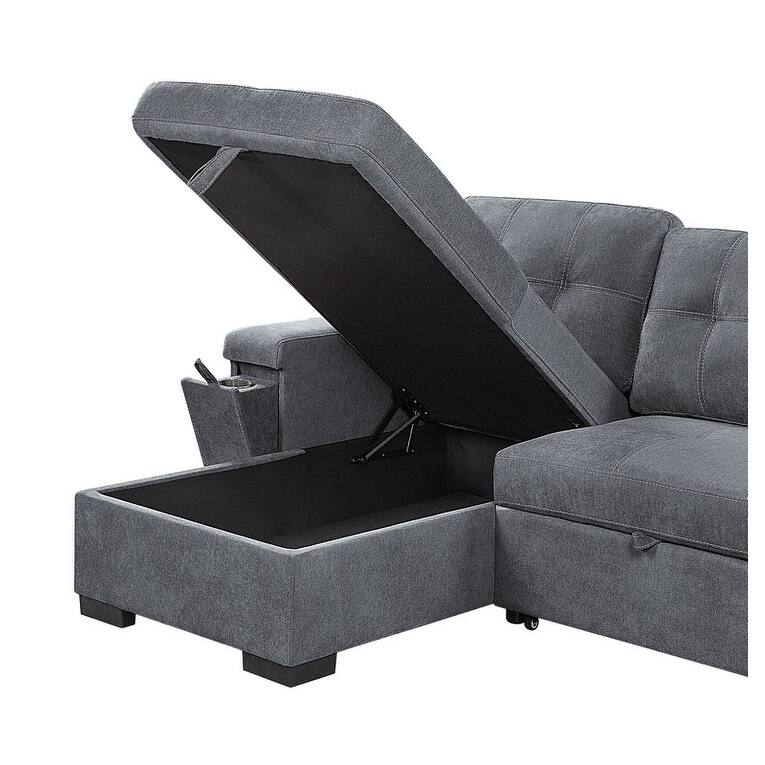 Toby 95-inch Gray Reversible Sleeper Sectional Sofa with Storage Chaise, Cup Holder and USB Ports - 95"W x 62"D x 36.5"H