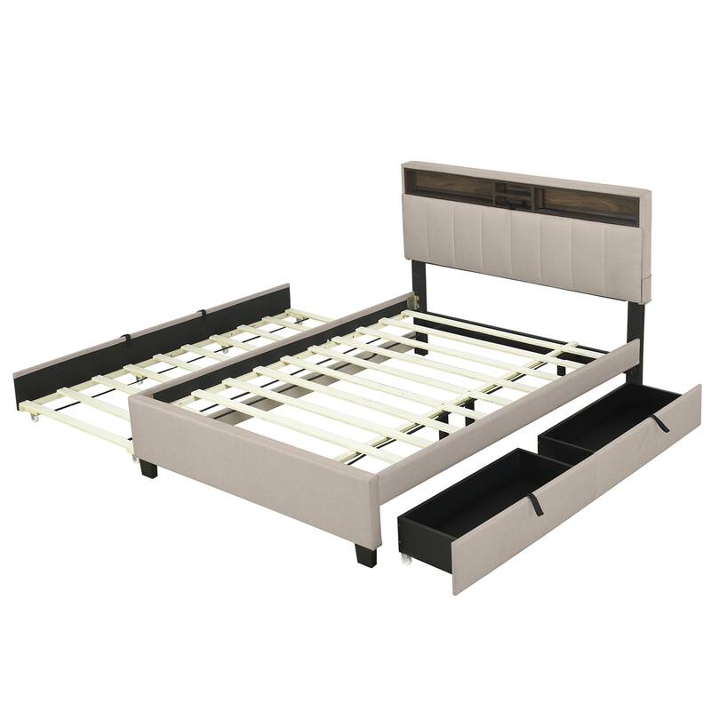 Full size Upholstered Platform Bed with Twin Size Trundle & 2 Drawers