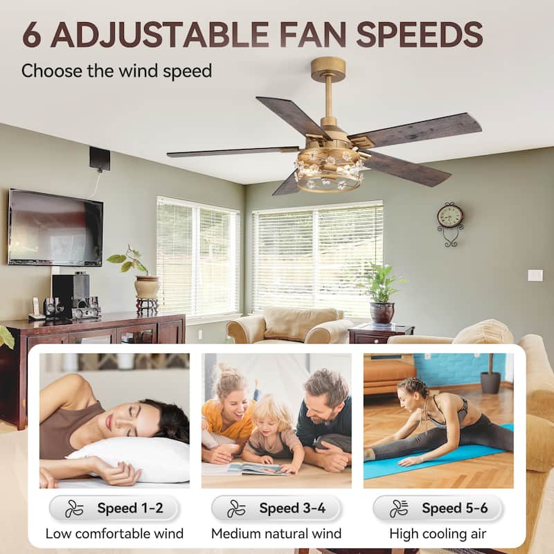 52" Reversible 5-Blade Farmhouse Glam Floral Glass Caged Ceiling Fan with Light and Remote