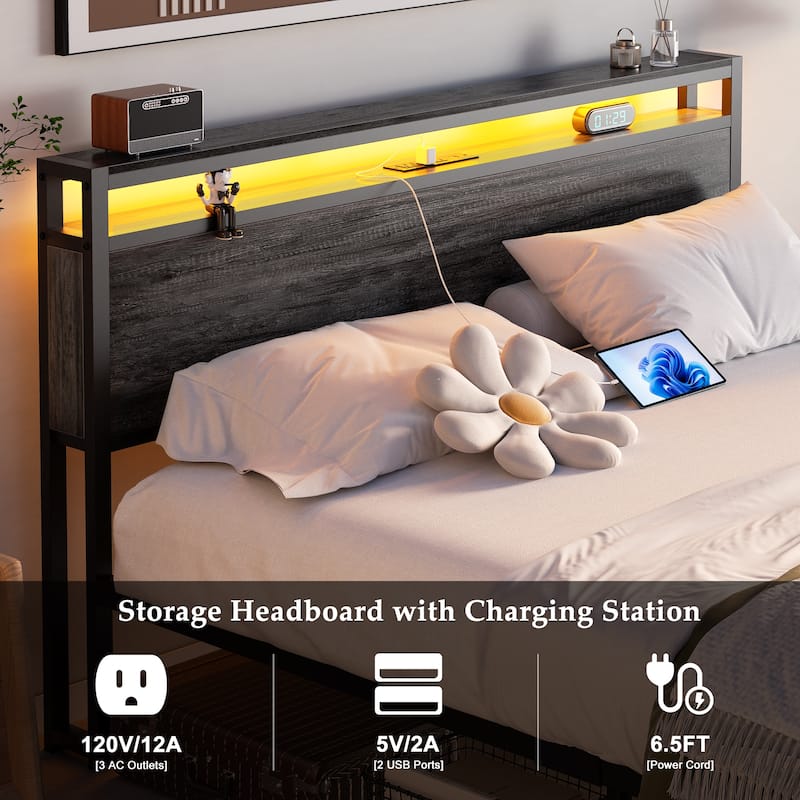 Platform Bed with Storage Headboard, Bed Frame with Charge Station and LED Light