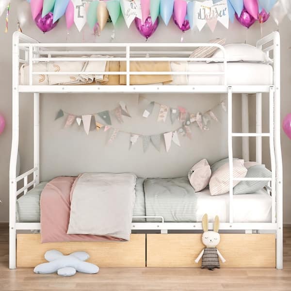 slide 2 of 28, Full XL Over Queen Metal Bunk Bed with 2 Drawers for Home White