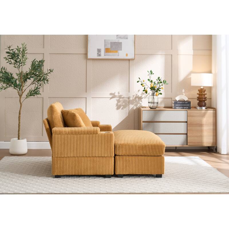 Corduroy Upholstered Chaise Lounge Sofa With Handrail Storage,Movable Ottoman,Cupholders,Detachable Cushions Deep Seat