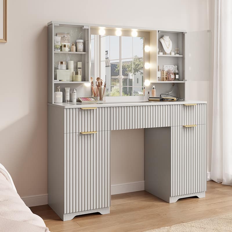 47" Modern Makeup Vanity Desk with Mirror and Large Cabinets, Dressing Table