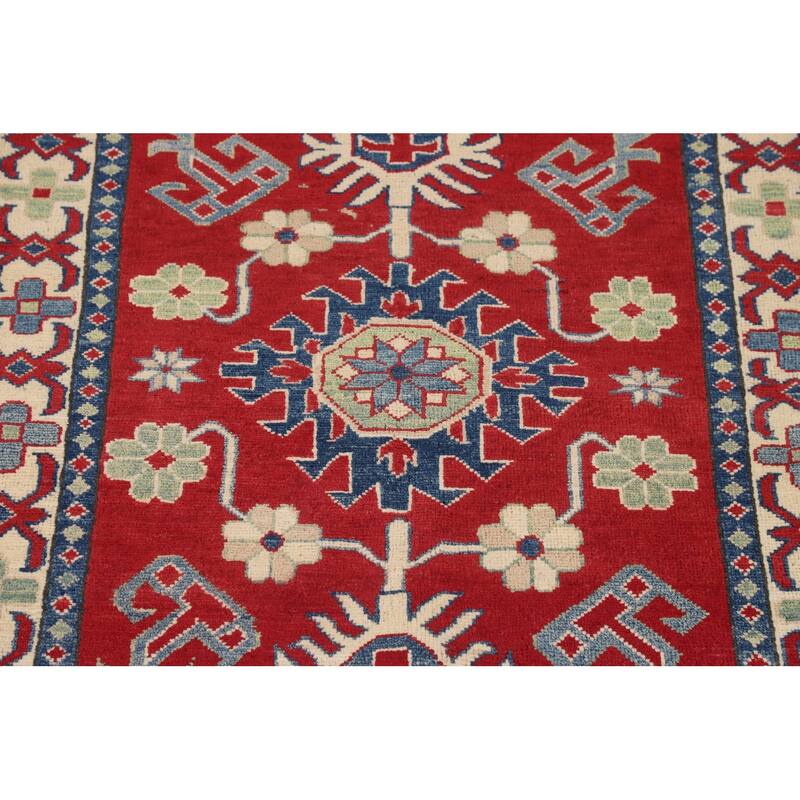 Red Geometric Kazak Accent Rug Hand-Knotted Traditional Wool Carpet - 3'5" x 4'10"