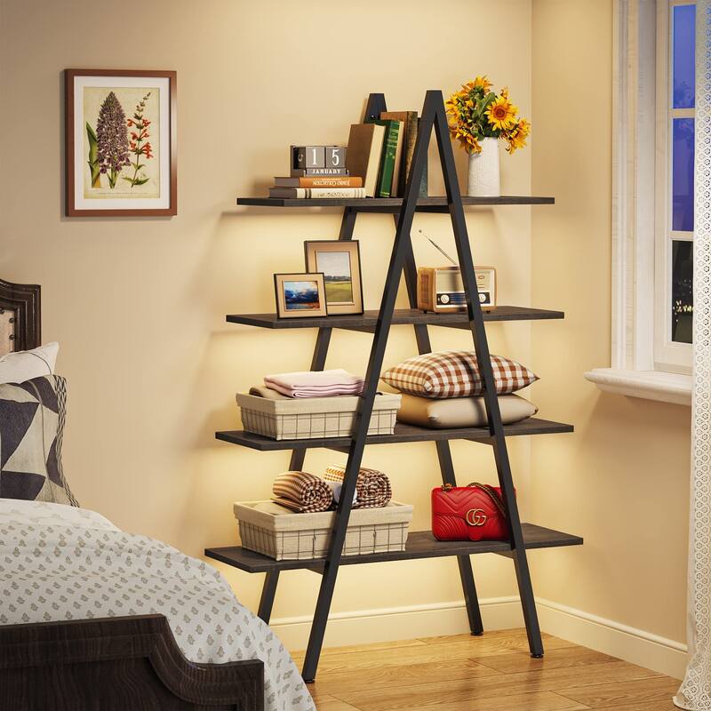 4-Tier Bookshelf Bookcase 4 Shelves Industrial Ladder Shelf, Brown and White