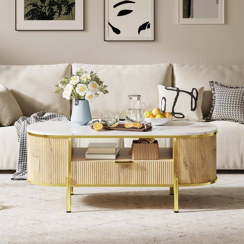 48in Modern Luxury Oval Coffee Table with Drawer for Living Room - N/A