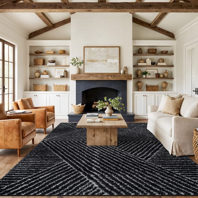 Minimal Stripe Geometric Shag Rug - Anthracite Dark Gray - Medium Pile - Cozy & Modern