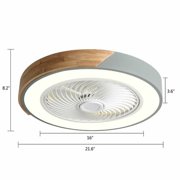 dimension image slide 1 of 3, 22In Enclosed Low Profile Dimmable Ceiling Fan With Light Wood/Acrylic
