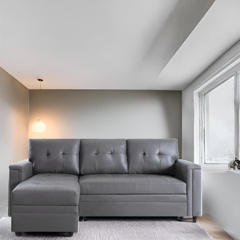 Convertible L-Shaped Sectional Sleeper Sofa with USB & Pull-Out Bed - Gray,Air Leather