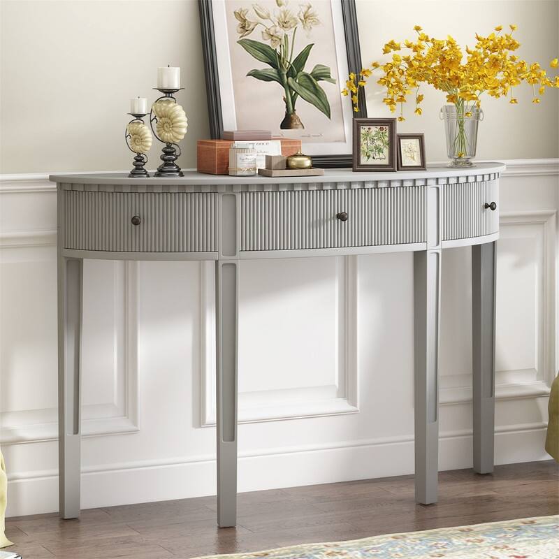 Curve Design Console Table with 3 Storage Drawers, Modern Entryway Table Sofa Table with Vertical Stripe Design and 4 Legs