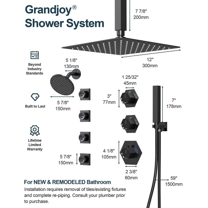 GRANDJOY Dual Shower Heads 12" Ceiling and 6" Wall Mount Body Jets Handheld Shower Spray Rainfall Shower Faucet Set