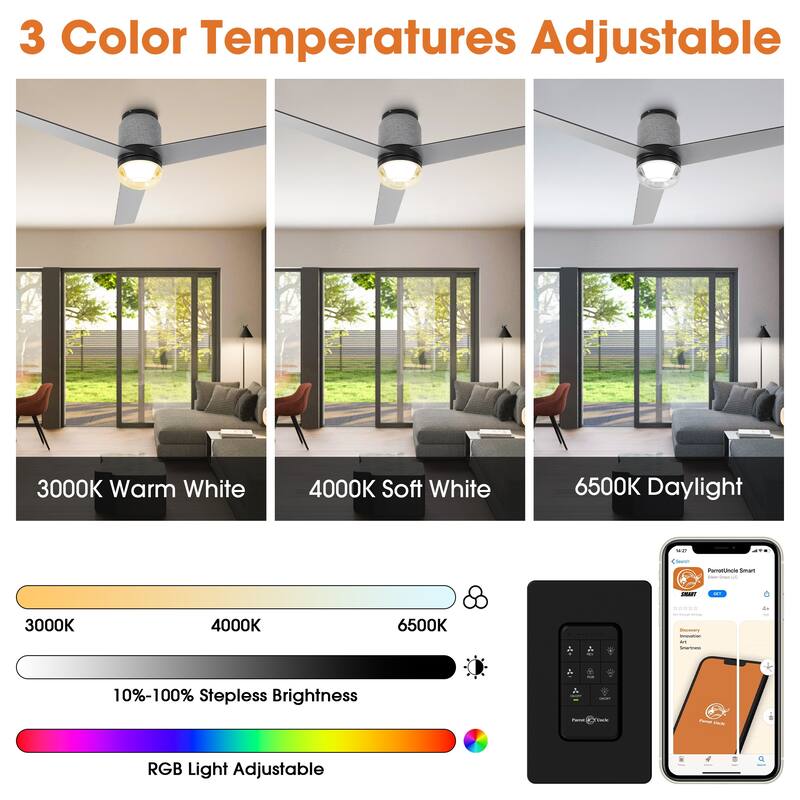 52" Modern Black RGB LED Smart Flush Mount Ceiling Fan with Light and Remote, App Control, Voice Control