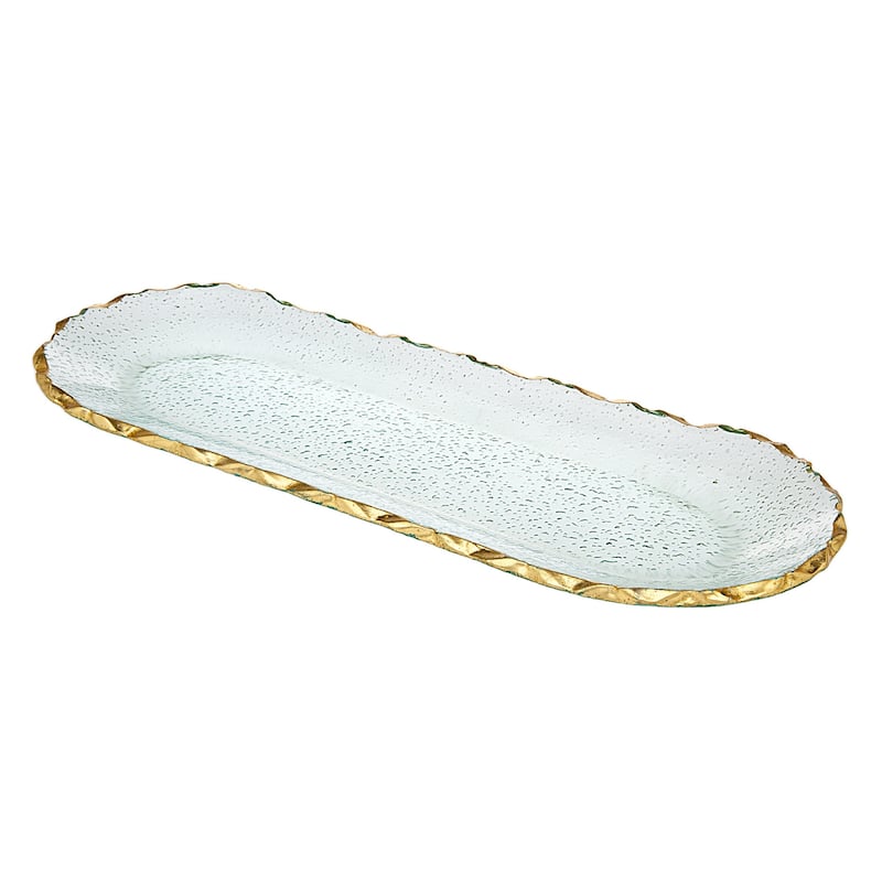 HomeRoots 18" Clear and Gold Oval Crystal Serving Tray