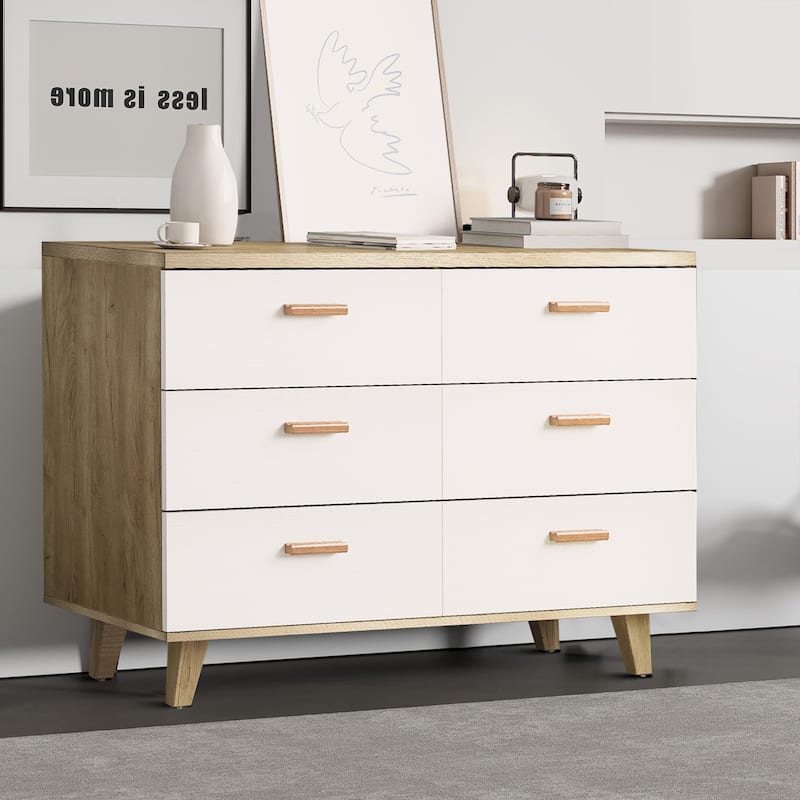 Modern Farmhouse Style Wooden Dresser with Wooden Handles - 6-drawer - White+Natural